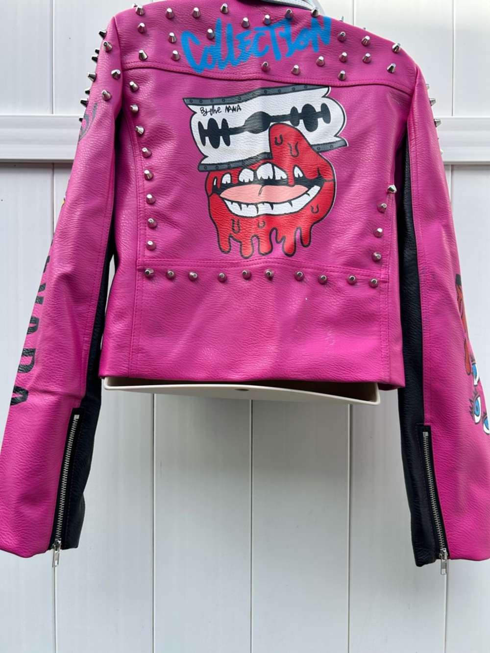 Street Punk Pleather Studded Black & Pink Graphic Biker Moto Jacket | Size XL - Picture 11 of 14